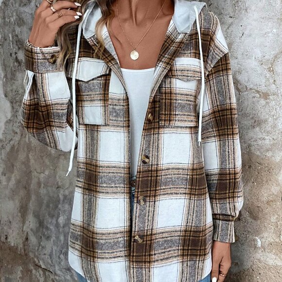 Brown Casual Womens Plaid Print Drop Shoulder Drawstring Hooded Coat - Picture 4 of 5